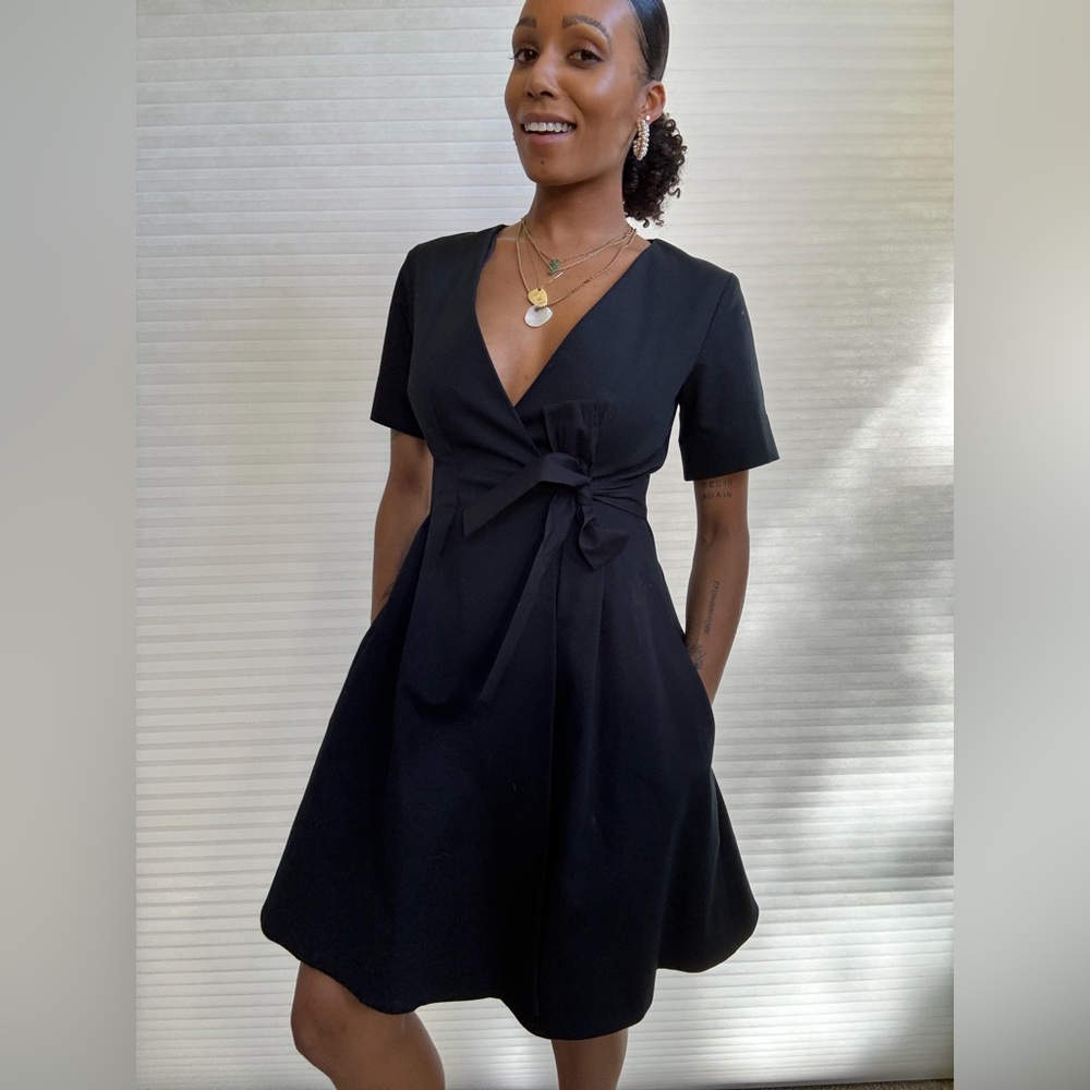 COS Navy Blue Textured Wrap Dress | Short Sleeve Minimalist A-Line - Picture 11 of 16